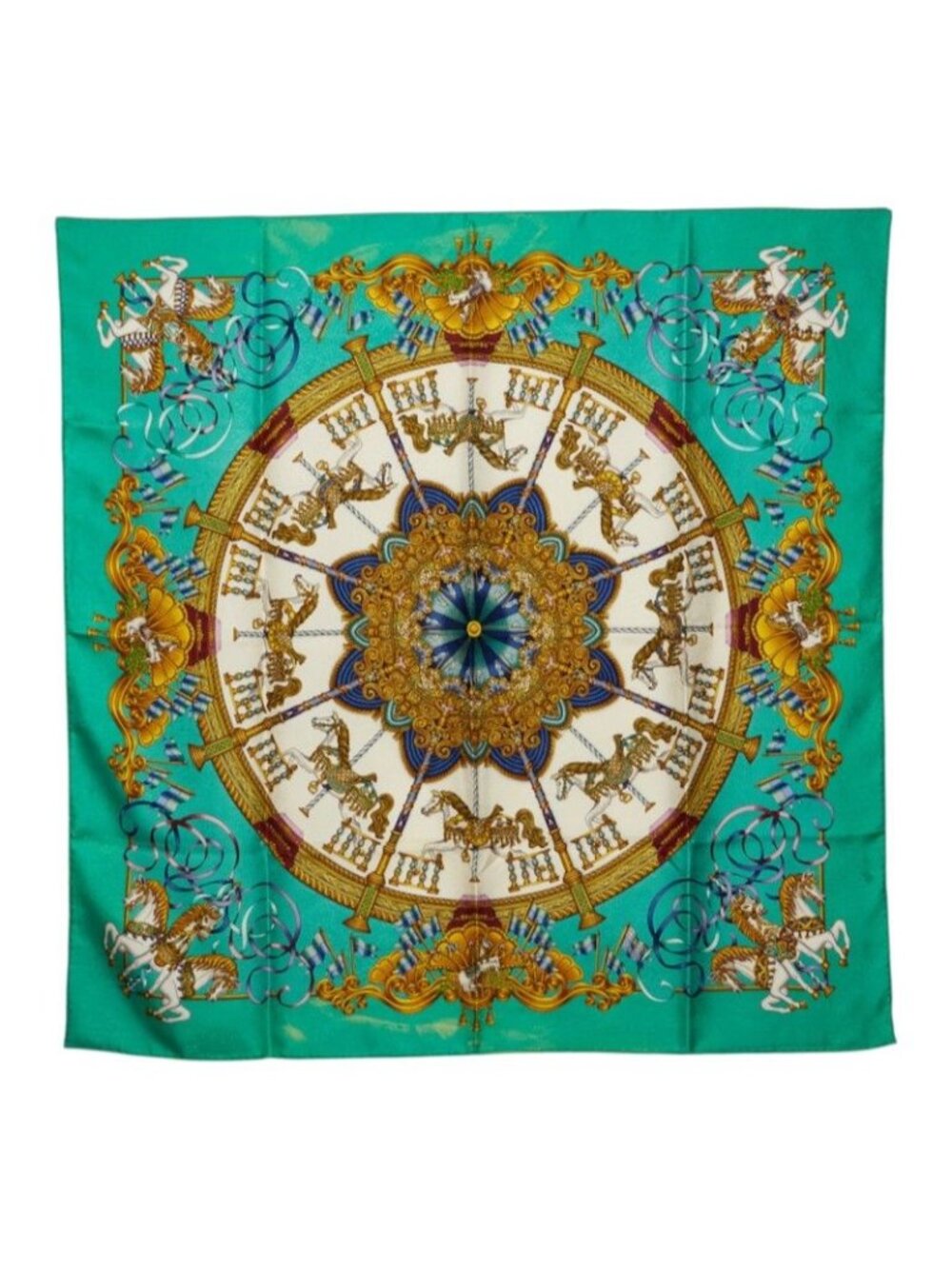 Hermes Carre 90 Luna Park Amusement Scarf Large Green Multicolor Silk